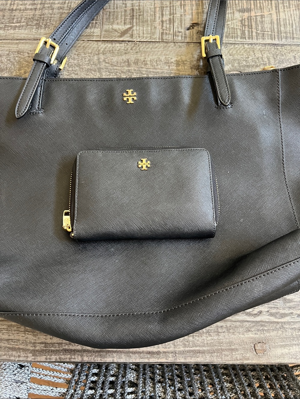 Tory Burch Black Leather Saffiano Tote with Gold Hardware plus zip match wallet